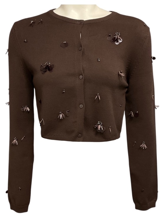 Simkhai Sweaters - SIMKHAI BROWN ZADIE EMBELLISHED CROPPED CARDIGAN